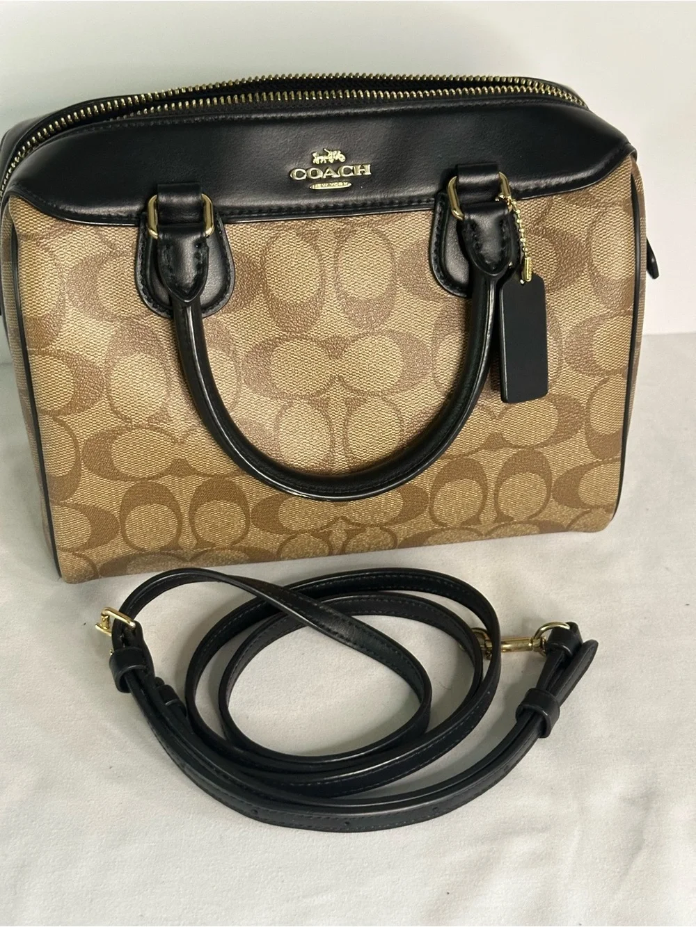 Coach Mini Bennett Signature Canvas Satchel in Khaki and Black F32203